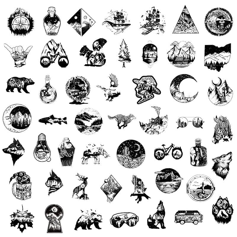 Stickers Noir et Blanc<br> Camping (50 pcs)